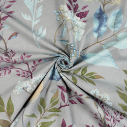 Cotton Fabric Poppy Flowers & Dill on a Gray Background