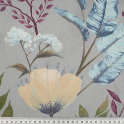 Cotton Fabric Poppy Flowers & Dill on a Gray Background