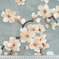 Cotton Fabric Beige Cherry Blossom on a Sage Background