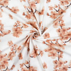 Cotton Fabric Salmon Cherry Blossom on a White Background