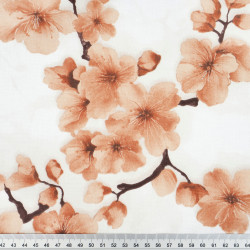 Cotton Fabric Salmon Cherry Blossom on a White Background