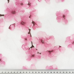 Cotton Fabric Pink Cherry Blossom on a White Background