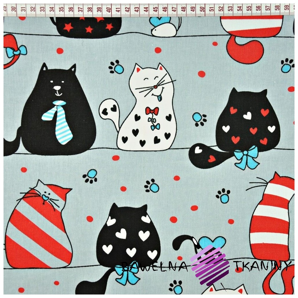 Cotton crazy cats with red & turquoise additives on gray backgrounds