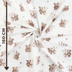 Cotton Fabric Brown-Beige Bears & Bunnies on a White Background