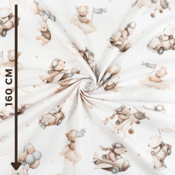 Cotton Fabric Brown Teddy Bears in Airplanes & Cars on a White Background