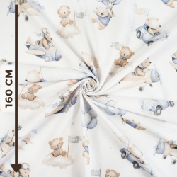 Cotton Fabric Blue-Beige Teddy Bears in Airplanes & Cars on a White Background