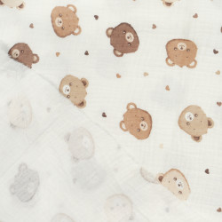 Printed Double Gauze Muslin – Teddy Bears Heads with Hearts