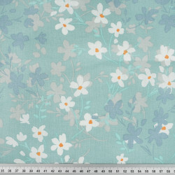Cotton Fabric Blue-White Flowers with Border on a Sage Background