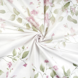 Cotton Fabric Dusty Pink Flowers & Leaves with Border on a White Background