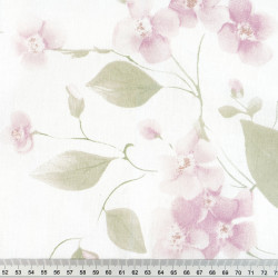 Cotton Fabric Dusty Pink Flowers & Leaves with Border on a White Background