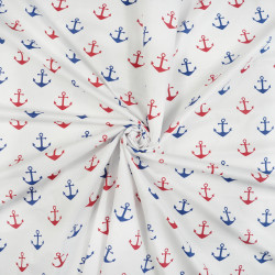 Cotton Fabric Red and Navy Anchors on a White Background