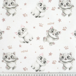 Cotton Fabric Beige-Gray Meow Cats on a White Background