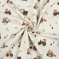 Flannel Fabric Brown Excavators on a Beige Background