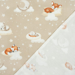Flannel Sleeping Animals on Pillows on a Beige Background