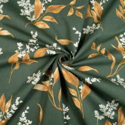 Cotton Fabric Beige Leaves and Branches on a Dark Green Background