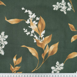 Cotton Fabric Beige Leaves and Branches on a Dark Green Background