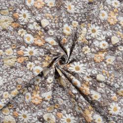Cotton Fabric Beige 3D Floral Meadow on a Gray Background