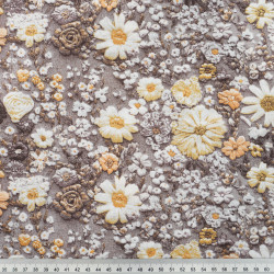 Cotton Fabric Beige 3D Floral Meadow on a Gray Background