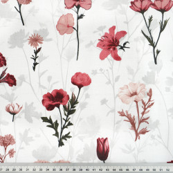 Cotton Fabric Vintage Burgundy Wildflowers on a White Background