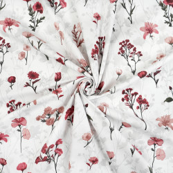 Cotton Fabric Vintage Burgundy Wildflowers on a White Background