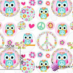 Cotton mint & pink owls in circles on white background