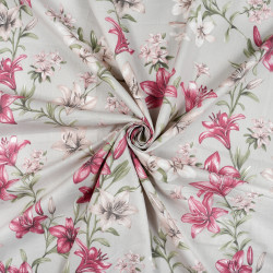 Cotton Fabric Burgundy Lilies on a Gray Background