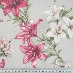 Cotton Fabric Burgundy Lilies on a Gray Background