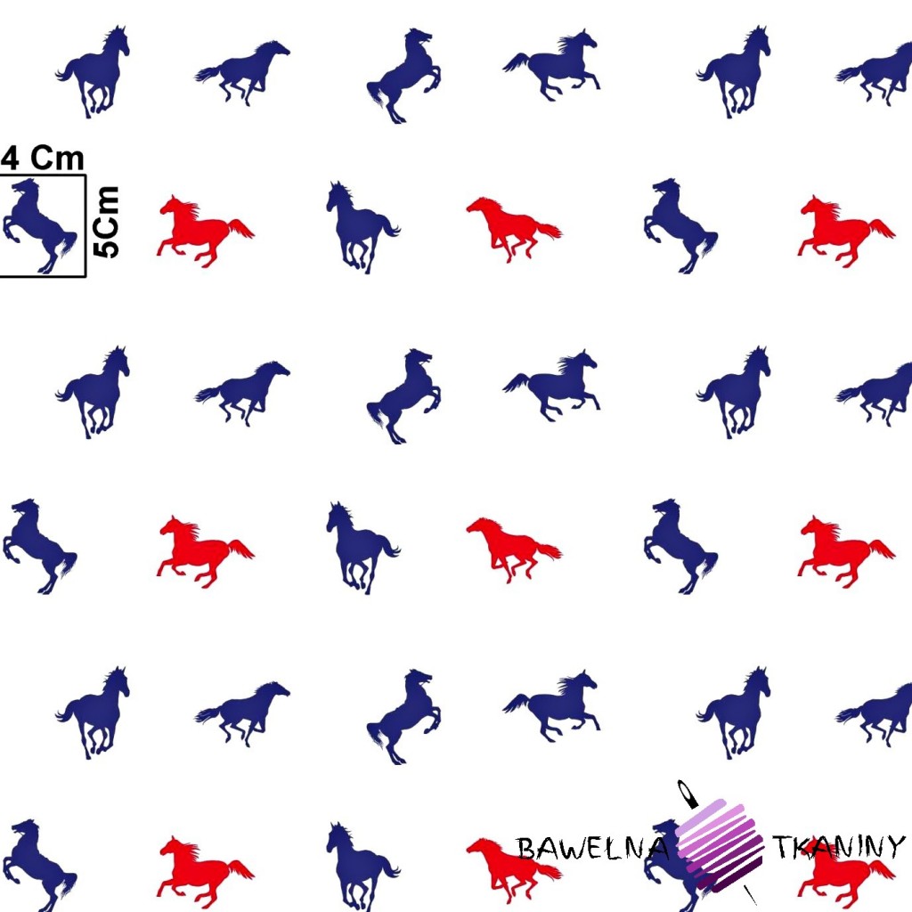 Cotton red & navy blue horses on white background
