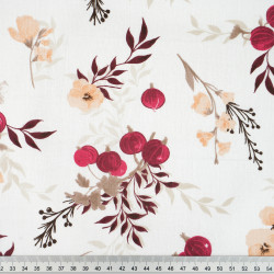 Cotton Fabric Vintage Flowers & Gooseberries Beige-Burgundy on a White Background