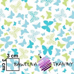 Bawełna motylki niebiesko zielone na białym tle