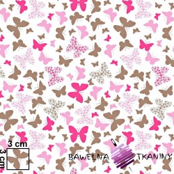 Bawełna motylki różowo brązowe na białym tle
