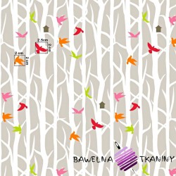 Cotton colorful birds on trees on beige background