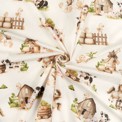 Cotton Fabric Beige-Green Farm Animals on an Ecru Background