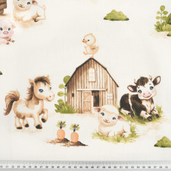 Cotton Fabric Beige-Green Farm Animals on an Ecru Background