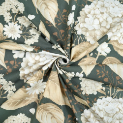 Cotton Fabric Large Hydrangeas on a Dark Green Background