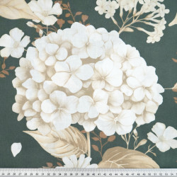 Cotton Fabric Large Hydrangeas on a Dark Green Background