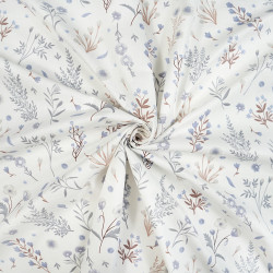 Cotton Fabric Blue Floral Branches on a White Background