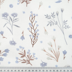 Cotton Fabric Blue Floral Branches on a White Background