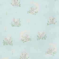 Cotton Fabric Elephants on Moons on a Blue Background