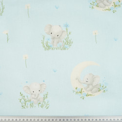 Cotton Fabric Elephants on Moons on a Blue Background