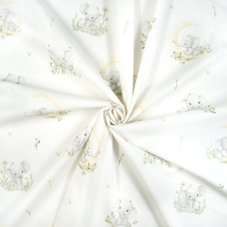 Cotton Fabric Elephants on Moons on a White Background