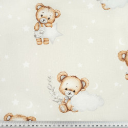 Cotton Fabric Teddy Bears with Stars & Clouds on a Light Beige Background