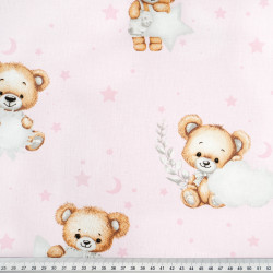 Cotton Fabric Teddy Bears with Stars & Clouds on a Pink Background
