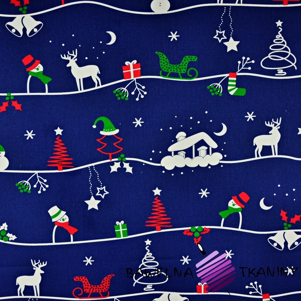 Cotton christmas patter winter trail on navy blue background