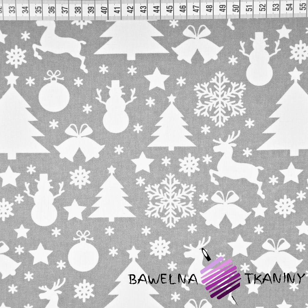 Bawełna wzór świąteczny choinki i bałwanki białe na szarym tle