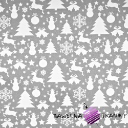 Cotton Christmas pattern trees and snowman on grey background