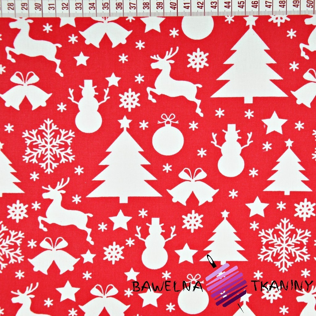 Bawełna wzór świąteczny choinki i bałwanki białe na czerwonym tle