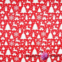 Bawełna wzór świąteczny choinki i bałwanki białe na czerwonym tle
