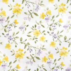 Cotton Fabric Yellow & Purple Flowers on Branches on a White Background