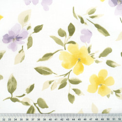Cotton Fabric Yellow & Purple Flowers on Branches on a White Background